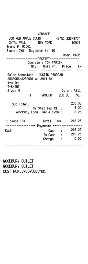 Versace Receipt