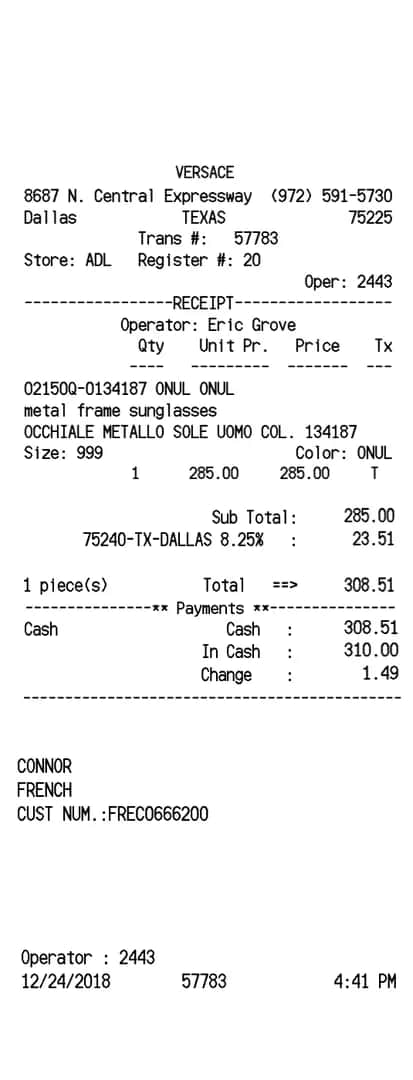 Versace Receipt USA