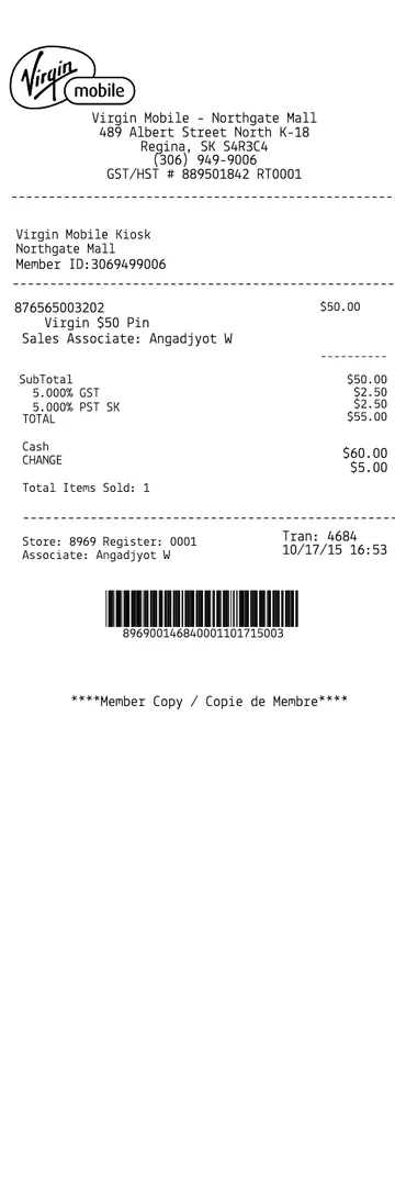 Virgin Mobile Receipt