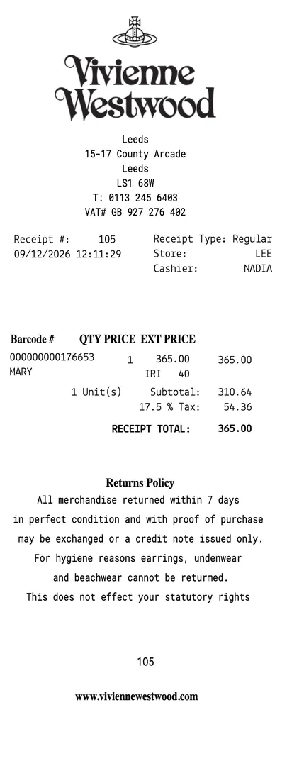 Vivienne Westwood Receipt