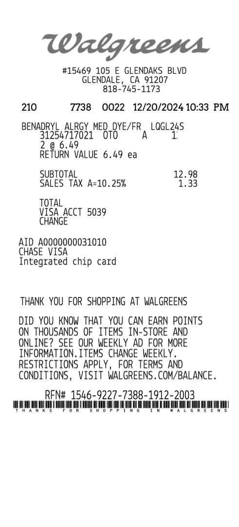 Walgreens Receipt