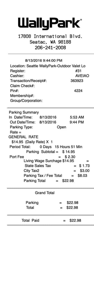Wallypark Airport Parking Receipt