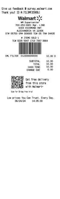 Walmart Receipt Cash Payment