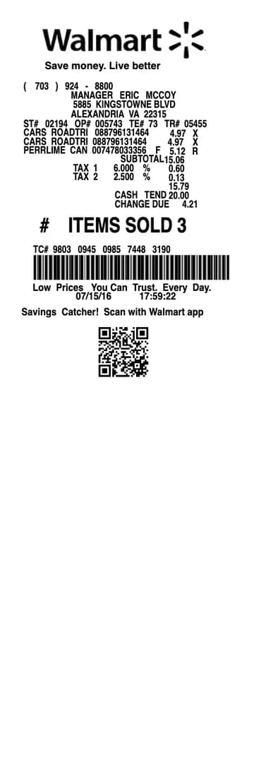 Walmart Receipt - Cash