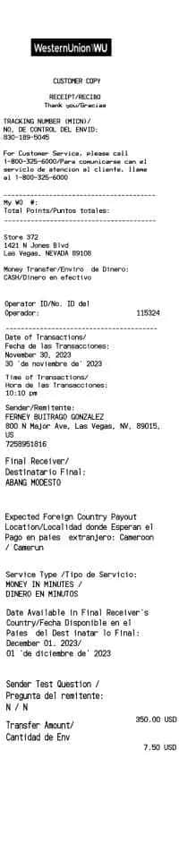 Western Union Receipt Smiths
