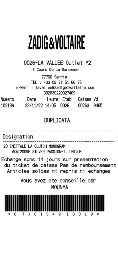 Zadig Voltaire Receipt