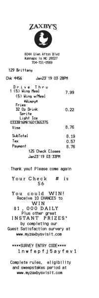 Zaxbys Receipt